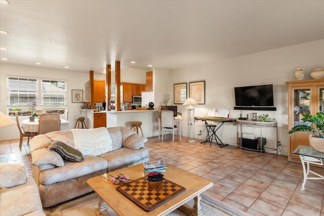 living room featuring light tile patterned floors