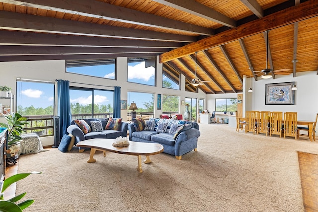 living room featuring wood ceiling, beamed ceiling, high vaulted ceiling, carpet, and ceiling fan