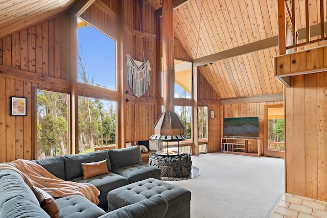 1733 Piiholo Rd, Makawao, HI 96768 - living room featuring wooden walls, wooden ceiling, high vaulted ceiling, and tile patterned flooring