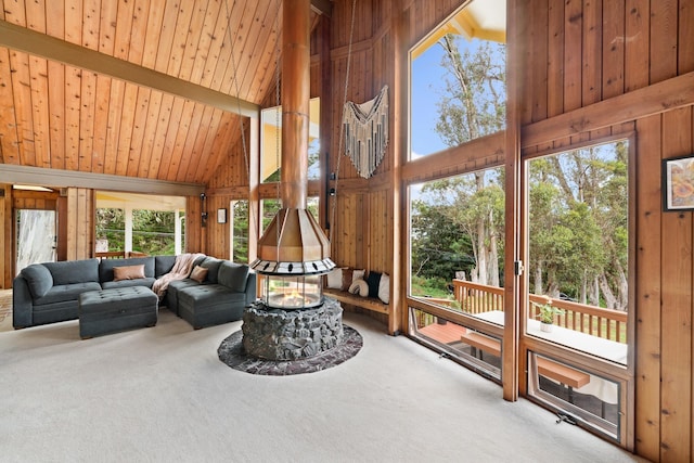 1733 Piiholo Rd, Makawao, HI 96768 - carpeted living area with wooden walls and a towering ceiling