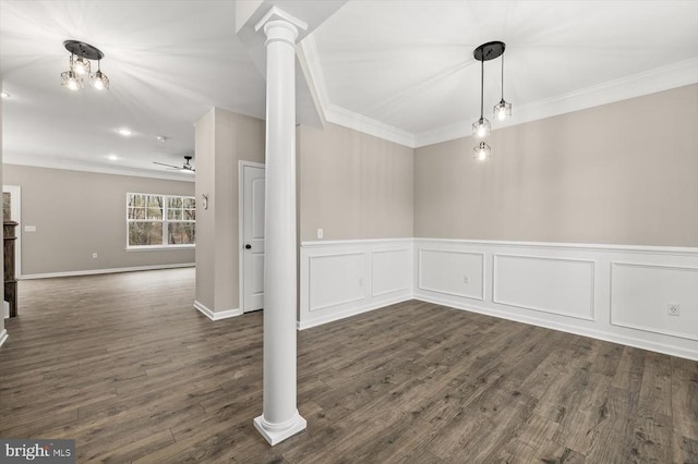 unfurnished dining area with decorative columns, dark wood-style flooring, and crown molding