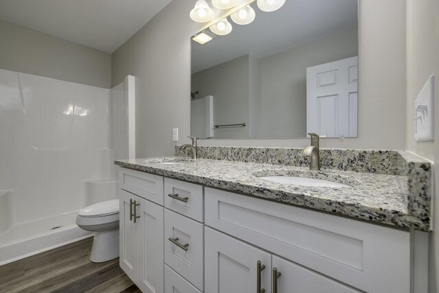 bathroom with vanity, wood-type flooring, a shower, and toilet