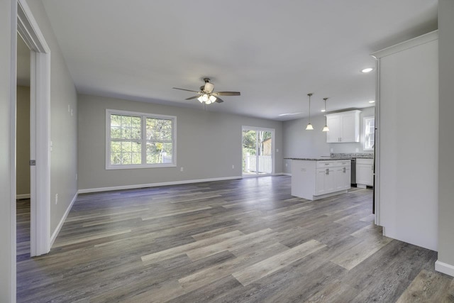 unfurnished living room with hardwood / wood-style floors and ceiling fan