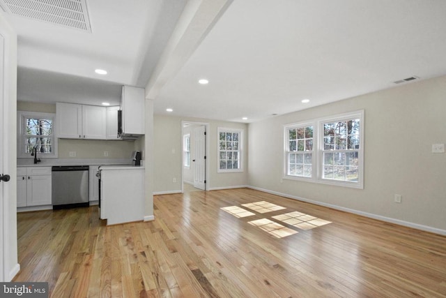 unfurnished living room with sink and light hardwood / wood-style floors