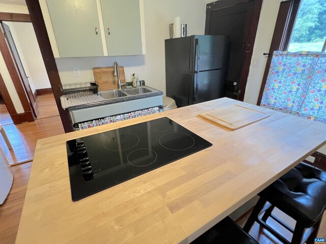 kitchen with hardwood / wood-style flooring, sink, green cabinets, and black appliances