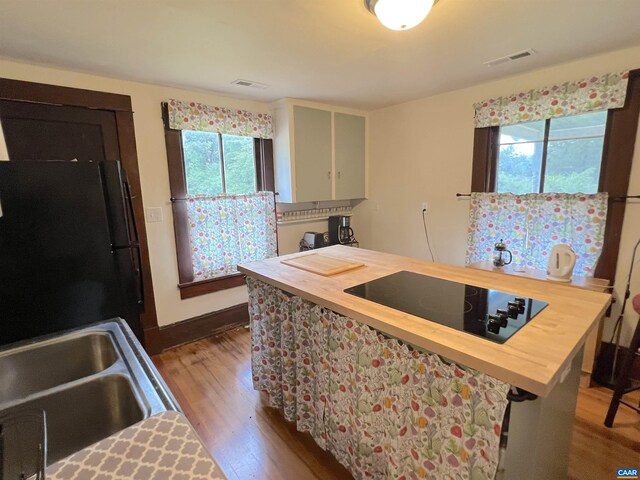 kitchen with wooden counters, sink, hardwood / wood-style floors, and black appliances