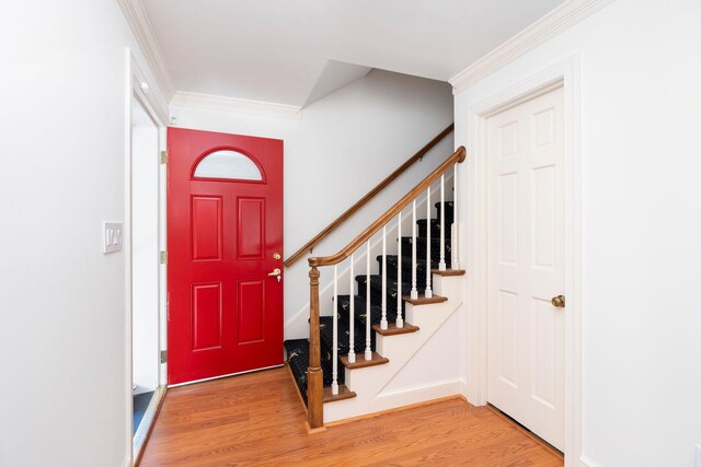 entryway featuring wood-type flooring and crown molding