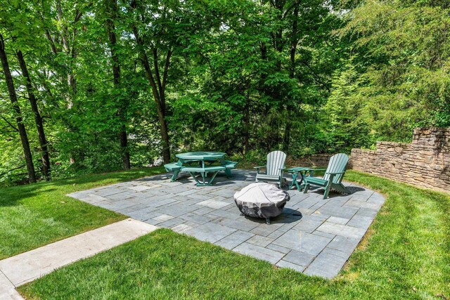 view of patio / terrace featuring a fire pit