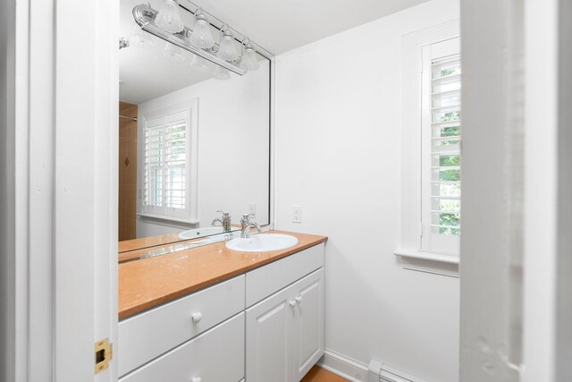 bathroom with vanity, a wealth of natural light, and baseboard heating