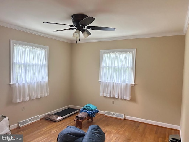 workout room featuring crown molding, plenty of natural light, and wood-type flooring