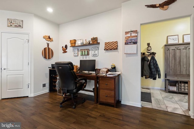 office area with dark hardwood / wood-style floors