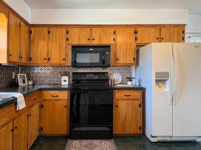 kitchen with black appliances, brown cabinets, and backsplash