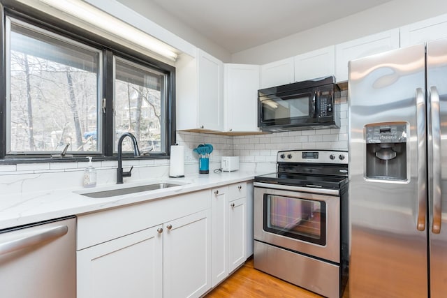 kitchen with appliances with stainless steel finishes, white cabinets, a sink, and tasteful backsplash