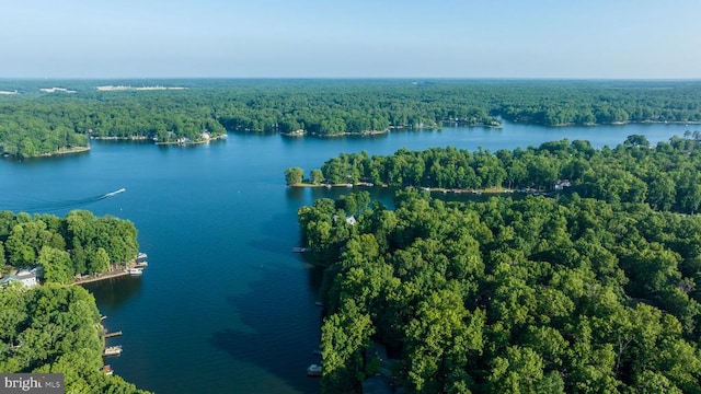 drone / aerial view featuring a water view and a forest view