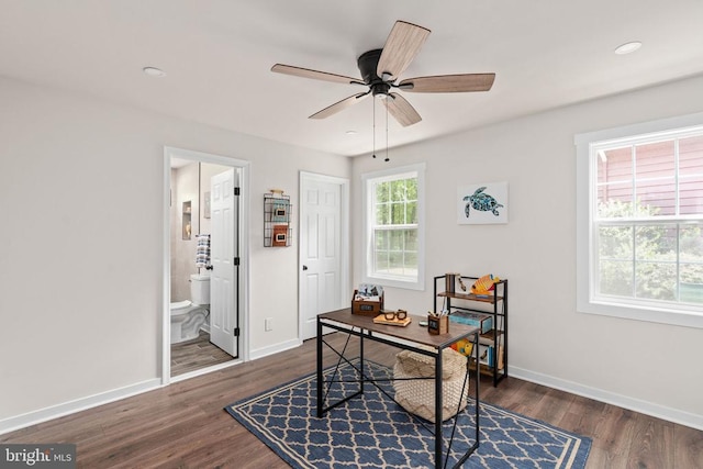 office area featuring baseboards, ceiling fan, recessed lighting, and dark wood-type flooring