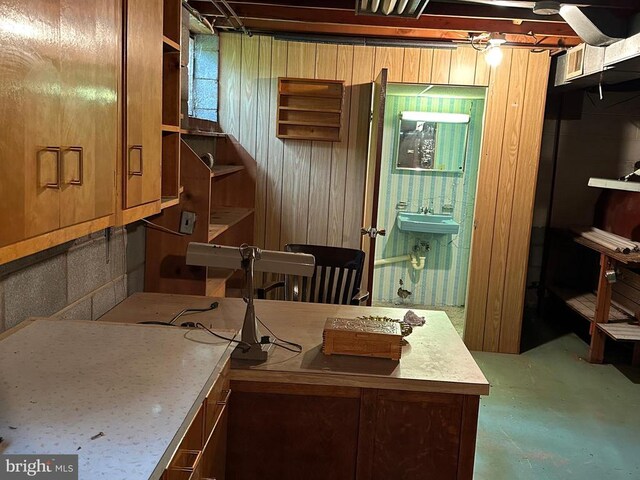 basement featuring wooden walls