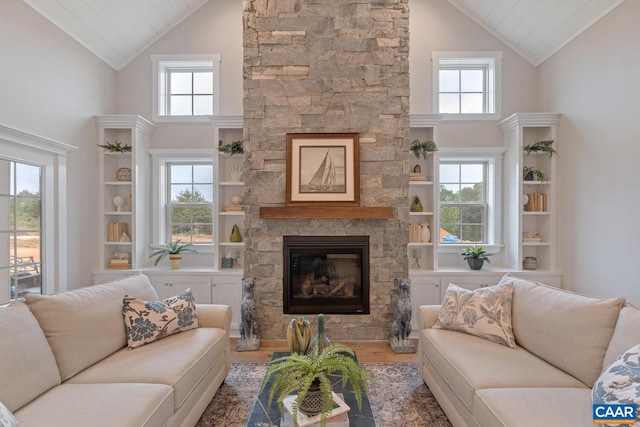 living area featuring lofted ceiling, a fireplace, plenty of natural light, and wood finished floors