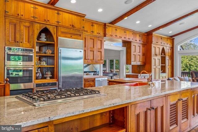 game room featuring hardwood / wood-style flooring, a stone fireplace, pool table, and wooden ceiling