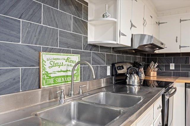 kitchen featuring under cabinet range hood, white cabinets, appliances with stainless steel finishes, open shelves, and tasteful backsplash