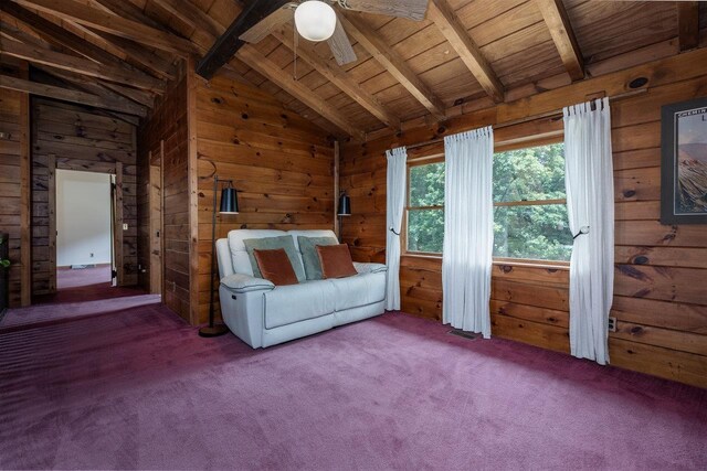 unfurnished room with vaulted ceiling with beams, wood ceiling, wooden walls, and carpet flooring