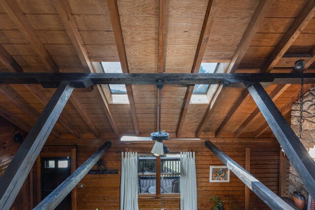 details featuring a skylight, wooden ceiling, beamed ceiling, and wood walls