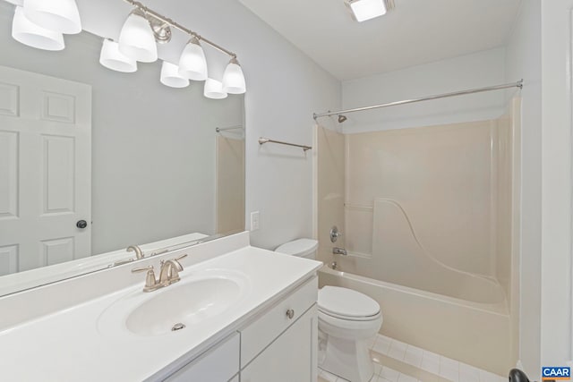 bathroom with visible vents, toilet, vanity,  shower combination, and tile patterned flooring