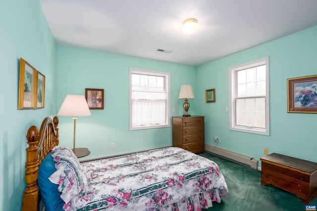 bedroom with visible vents, multiple windows, carpet flooring, and a baseboard radiator