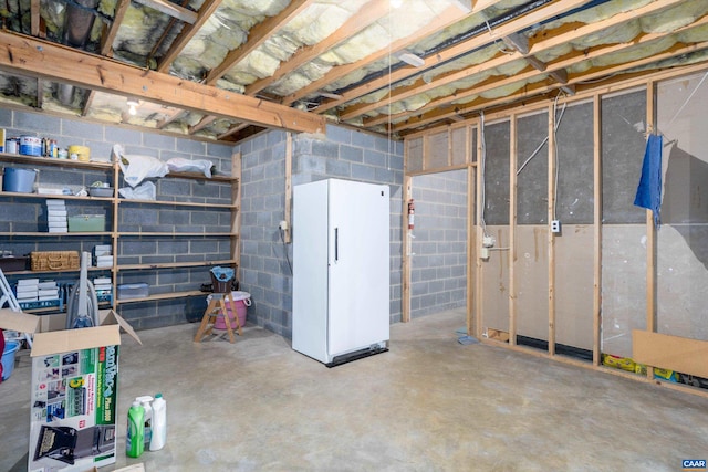 unfinished basement with freestanding refrigerator