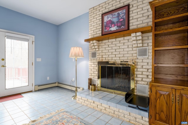 unfurnished living room with a brick fireplace, light tile patterned flooring, and a wealth of natural light