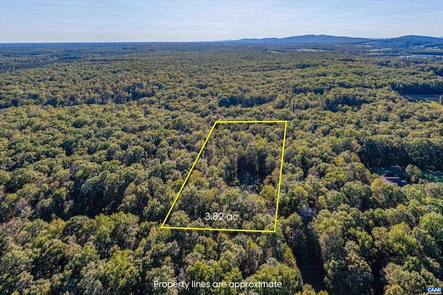 drone / aerial view featuring a mountain view and a view of trees