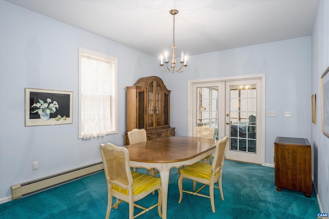 carpeted dining space with a baseboard heating unit, an inviting chandelier, french doors, and a wealth of natural light