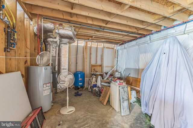 unfinished basement featuring electric water heater