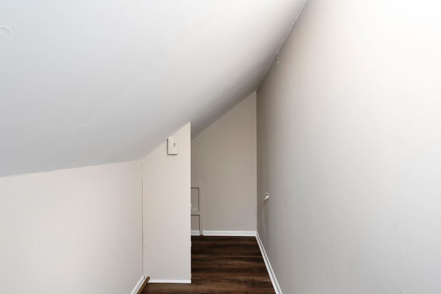 interior space featuring lofted ceiling, baseboards, and wood finished floors