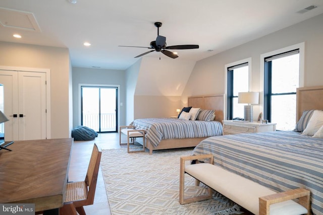 bedroom with access to outside, ceiling fan, and light hardwood / wood-style floors