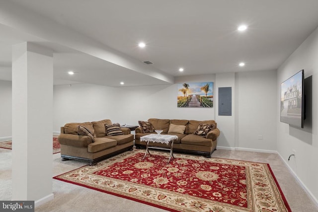 carpeted living room with electric panel