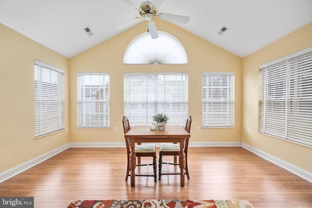 dining area featuring wood finished floors, visible vents, and a healthy amount of sunlight