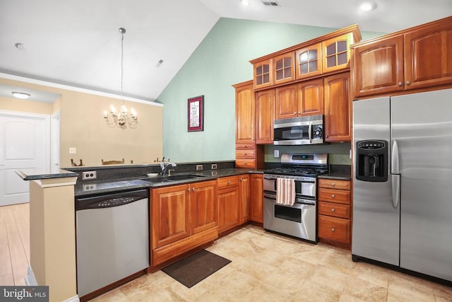 kitchen with brown cabinetry, appliances with stainless steel finishes, a peninsula, and a sink