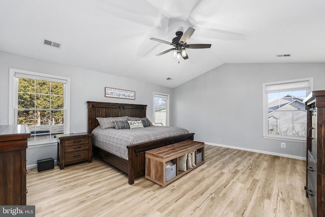 bedroom featuring light wood-style floors, lofted ceiling, visible vents, and baseboards