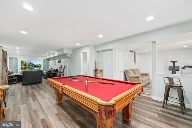 game room with baseboards, pool table, wood finished floors, and recessed lighting