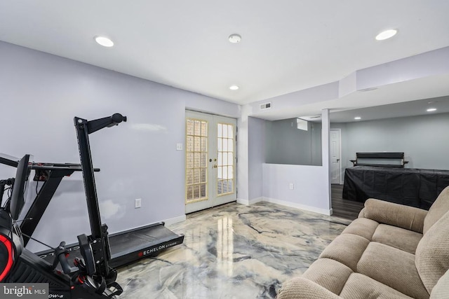 exercise area featuring french doors, recessed lighting, visible vents, and baseboards