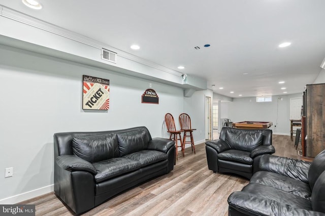 living room featuring recessed lighting, visible vents, wood finished floors, and pool table