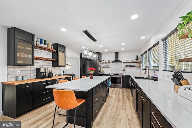 kitchen featuring dark cabinets, stainless steel appliances, open shelves, and a sink