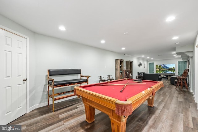 recreation room with baseboards, billiards, wood finished floors, and recessed lighting