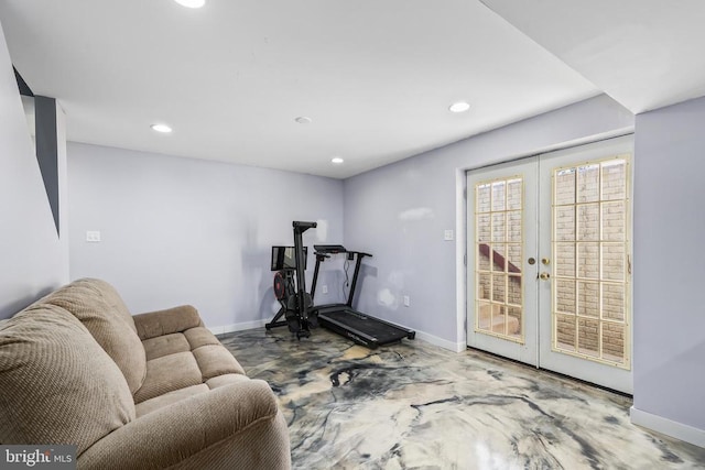 workout area with recessed lighting, french doors, and baseboards