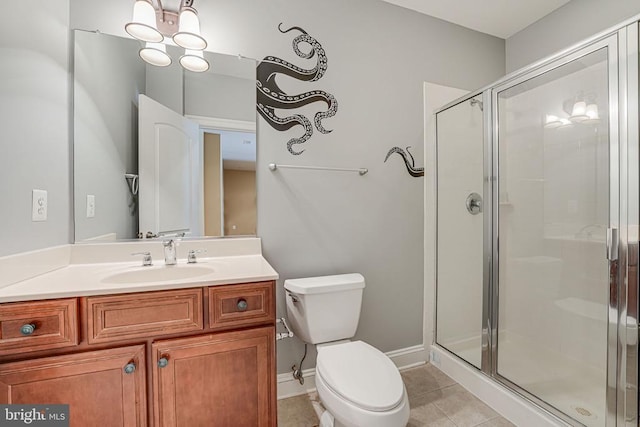 bathroom featuring vanity, tile patterned floors, toilet, and a stall shower