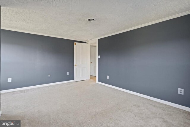 unfurnished room featuring crown molding, carpet, and a textured ceiling