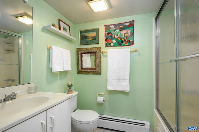 full bathroom with a baseboard heating unit, vanity, toilet, and an enclosed shower