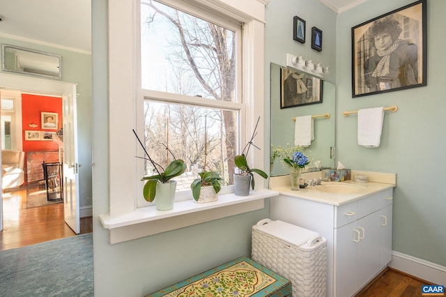 bathroom with baseboards, wood finished floors, vanity, and crown molding