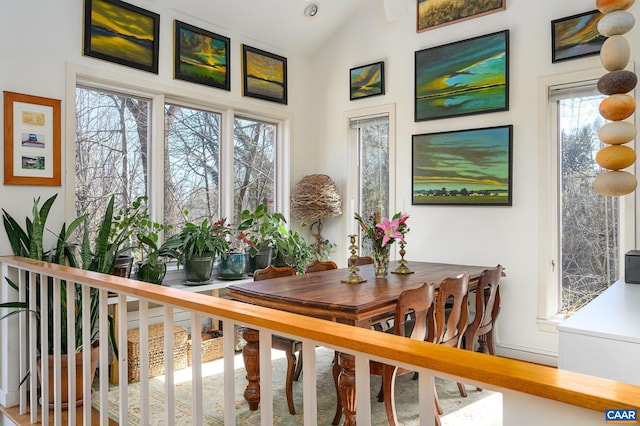 dining space featuring lofted ceiling