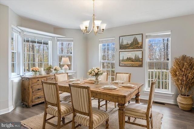 dining space featuring dark wood finished floors, visible vents, and a wealth of natural light